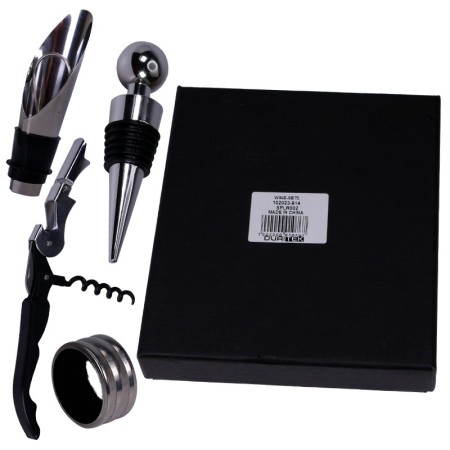 set de 4 accesorios de vino, vertedor, tapon, abridor y aro antigoteo