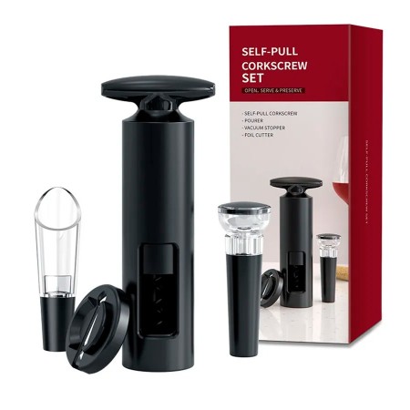 set de 4 accesorios de vino, sacacorchos manual, cortador, vertedor y tapón