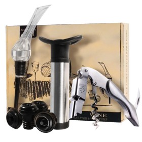 set de 3 accesorios de vino, vertedor, bomba vacio y abridor